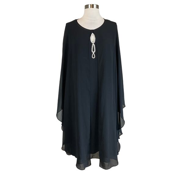 Black Beaded Chiffon Shift Cocktail Dress with Capelet Size 16W SLNY Cut Out - Picture 1 of 13
